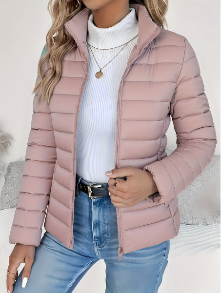 Women's quilted puffer jacket with high collar and front zipper