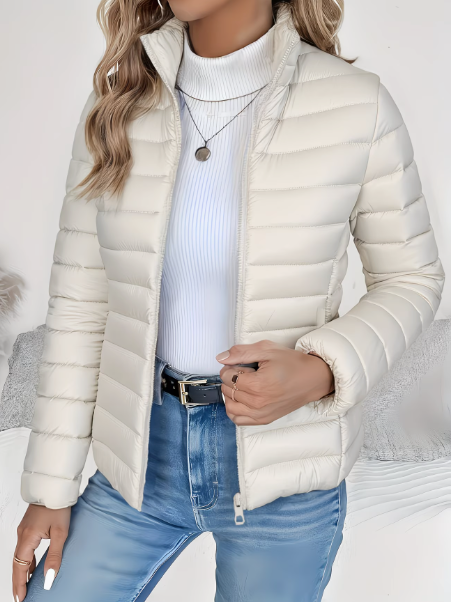 Women's quilted puffer jacket with high collar and front zipper