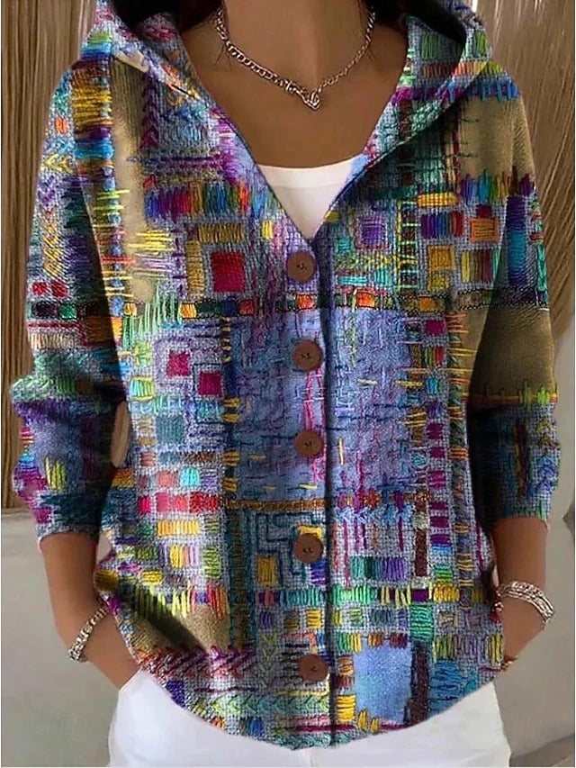 Women's patchwork hooded cardigan in multi-colour with button front, worn over white top