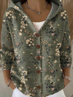 Women's hooded button sweater with a multicoloured geometric pattern