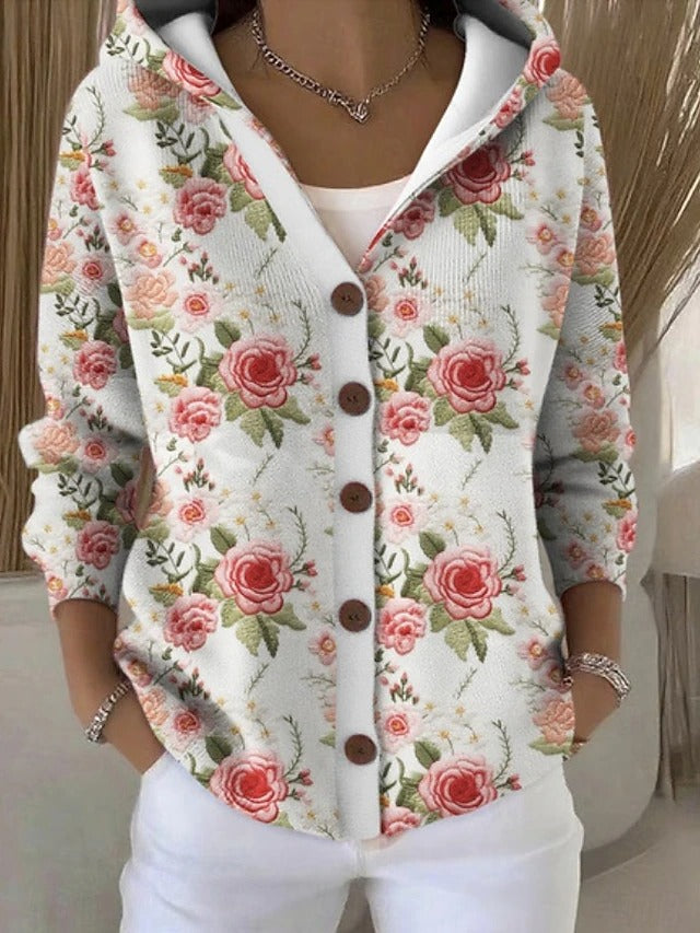 Women's patchwork hooded cardigan in multi-colour with button front, worn over white top