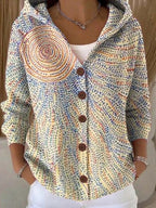 Women's hooded button sweater with a multicoloured geometric pattern