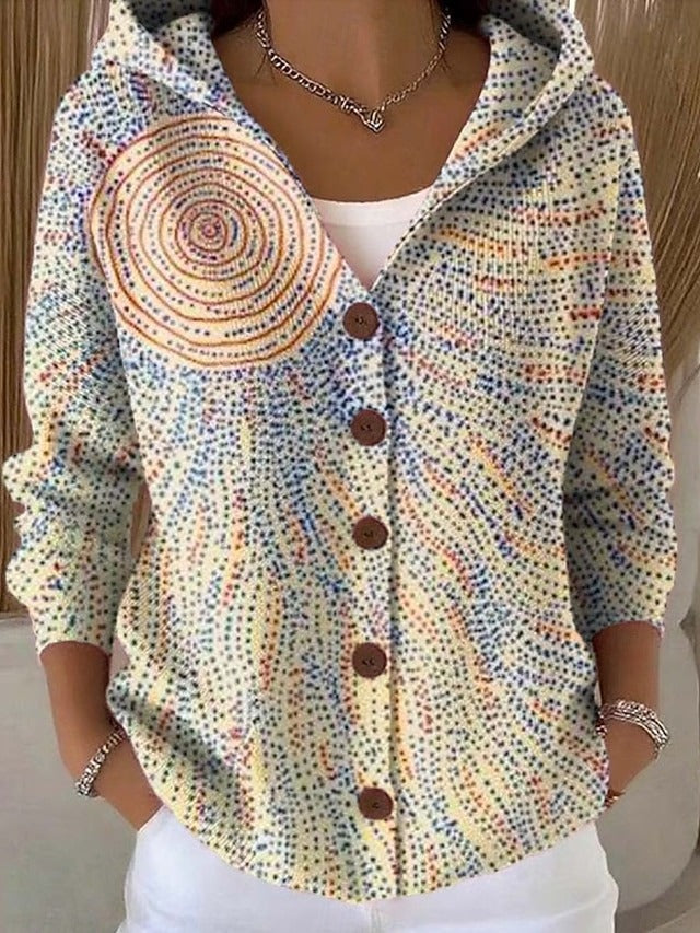 Women's patchwork hooded cardigan in multi-colour with button front, worn over white top