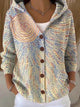 Women's patchwork hooded cardigan in multi-colour with button front, worn over white top