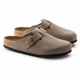 Unisex Positano clog mule with buckle strap, cork insole and black padded sole, shown in taupe and black.