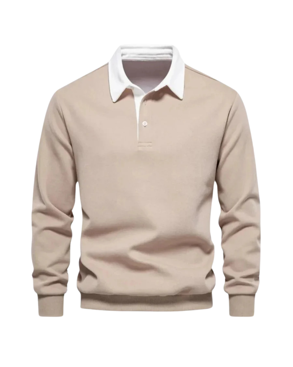 Long-sleeve polo sweater with contrast collar and ribbed trim