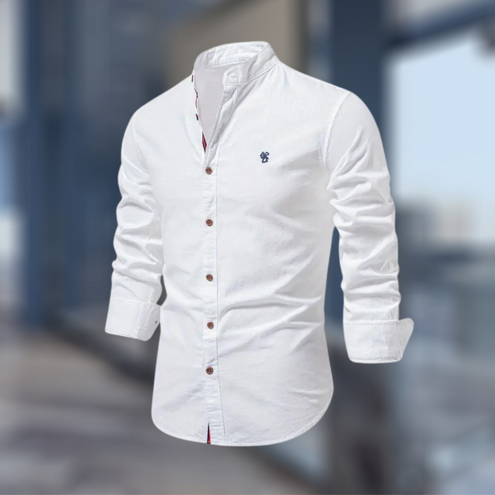 Men's long sleeve button-front shirt with stand collar in dark green