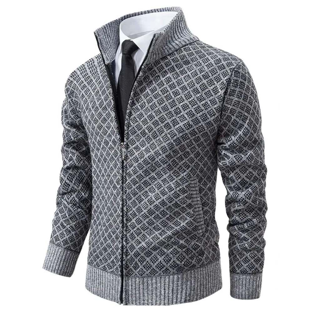 Men's geometric patterned zip cardigan sweater with mock collar