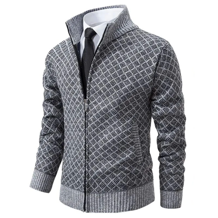 Men's geometric patterned zip cardigan sweater with mock collar