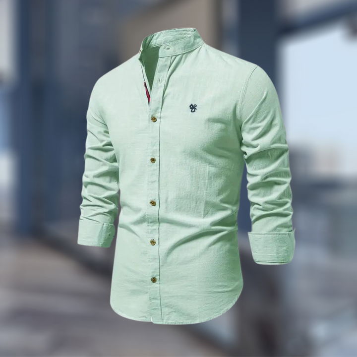 Men's long sleeve button-front shirt with stand collar in dark green