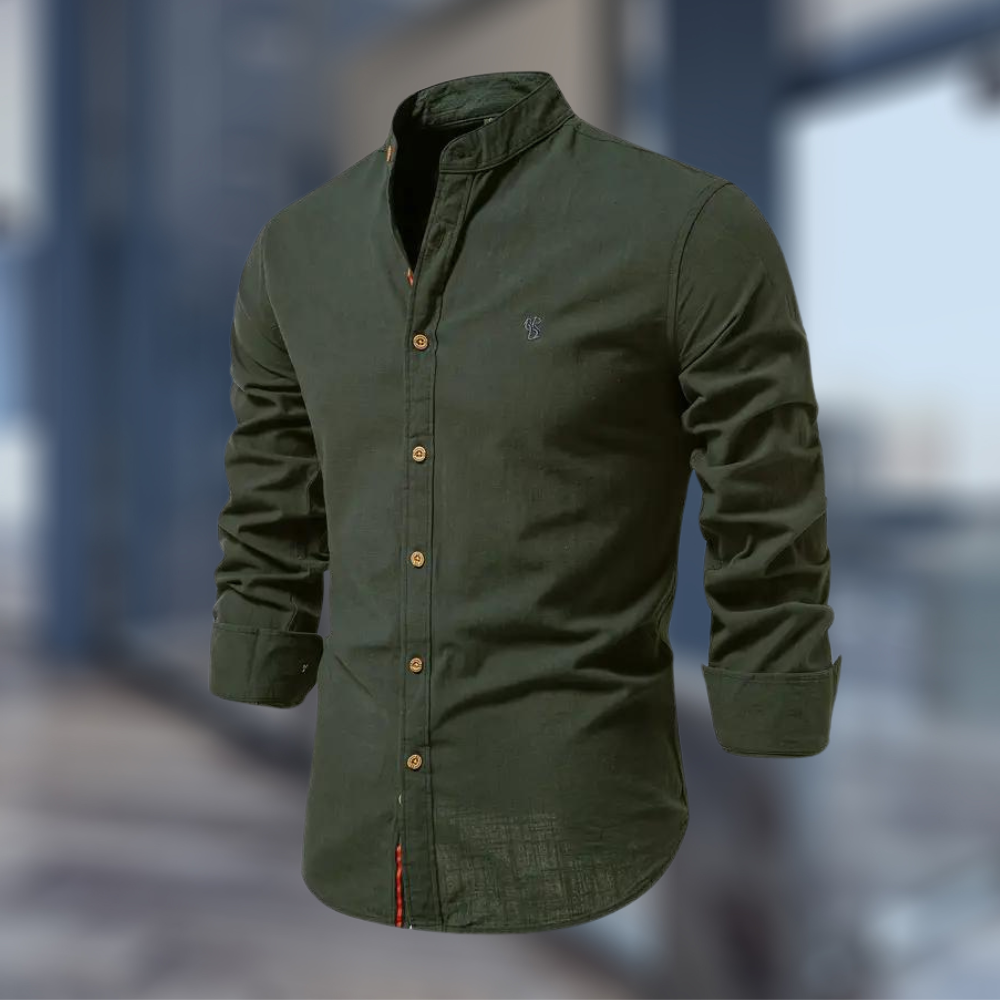 Men's long sleeve button-front shirt with stand collar in dark green
