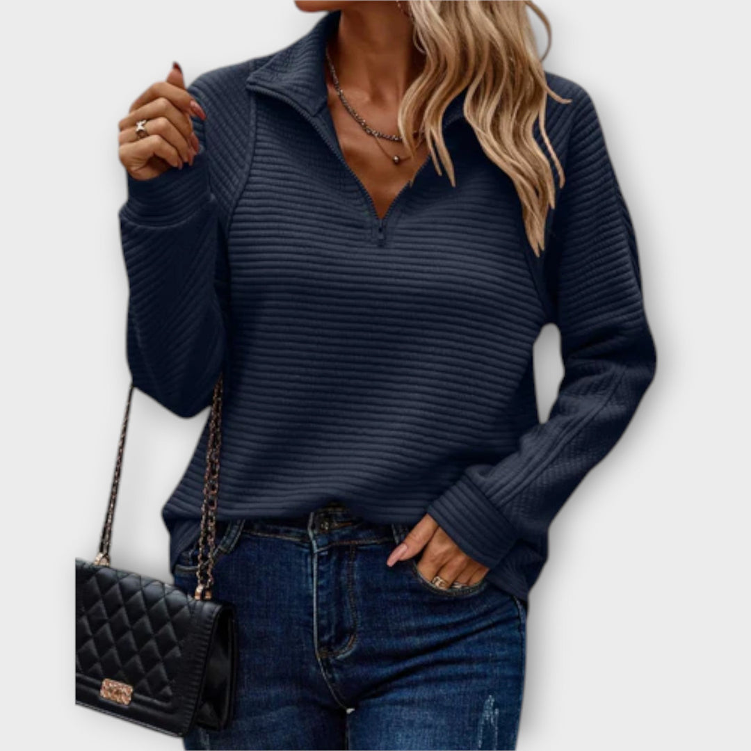 Women's ribbed half-zip sweater with raised mock collar