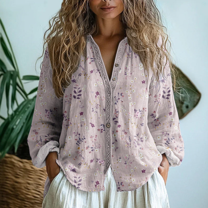 Women's relaxed long sleeve button-down blouse with floral print and decorative braid trim