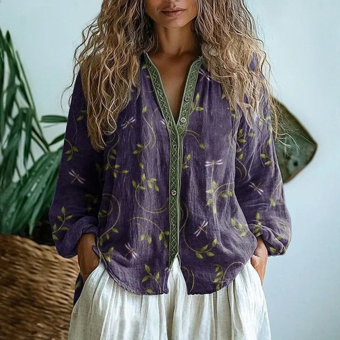 Women's relaxed long sleeve button-down blouse with floral print and decorative braid trim