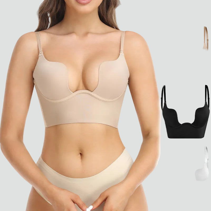 Women's beige and black push-up bras with backless design and adjustable straps, shown front and back views.