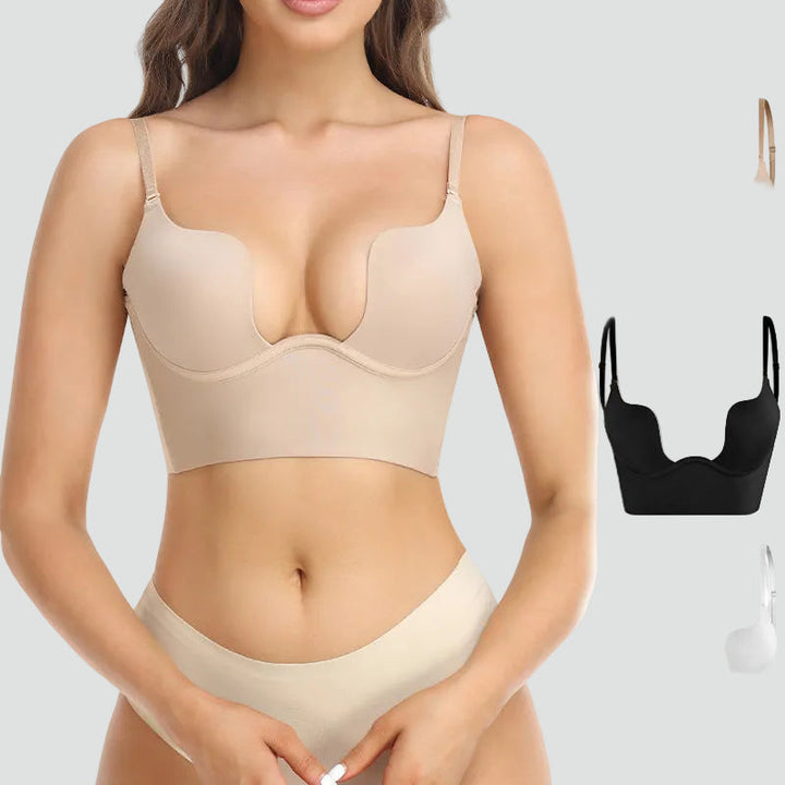 Women's beige and black push-up bras with backless design and adjustable straps, shown front and back views.