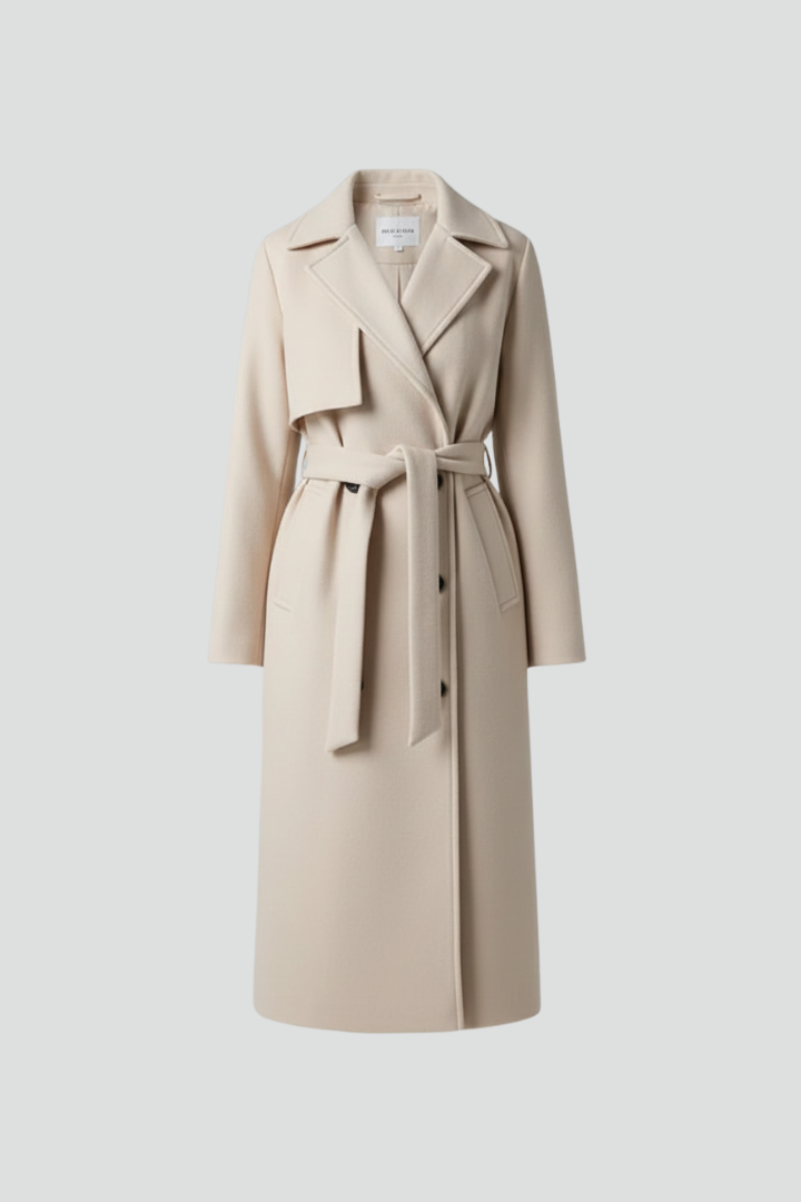 Women's long belted double-breasted coat with lapel collar