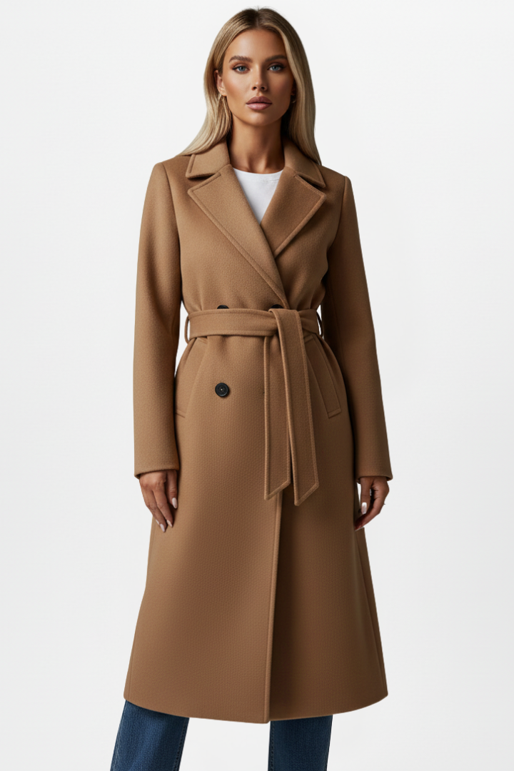 Women's long belted double-breasted coat with lapel collar