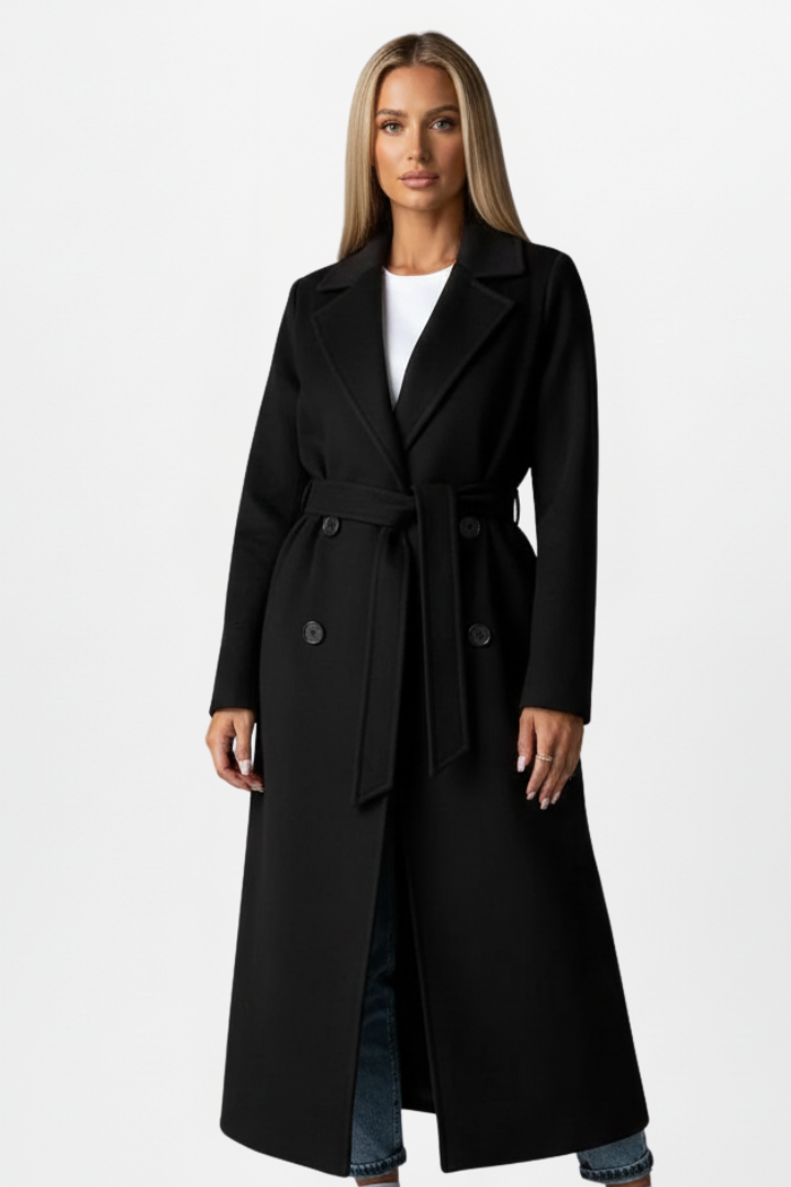 Women's long belted double-breasted coat with lapel collar