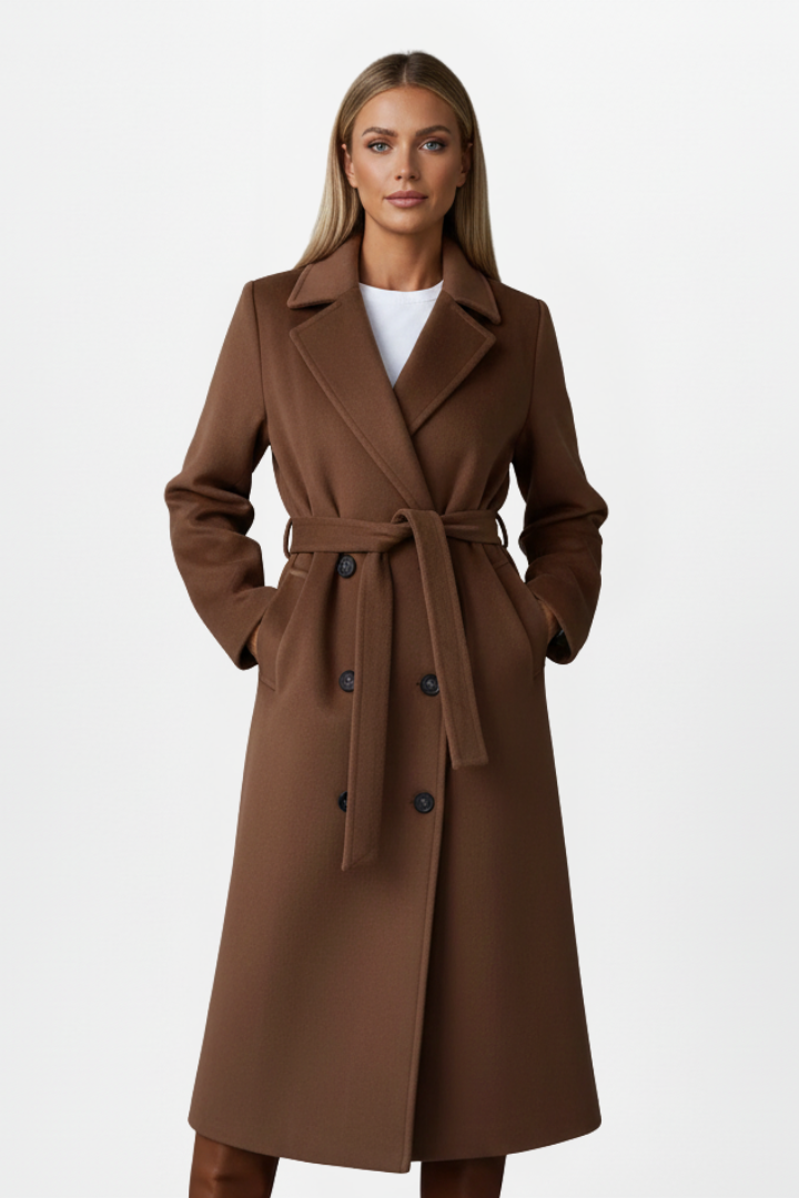 Women's long belted double-breasted coat with lapel collar