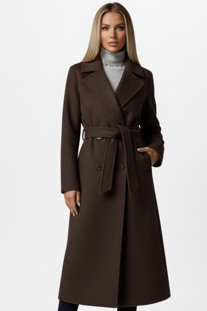 Women's long belted double-breasted coat with lapel collar