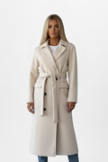 Women's long belted double-breasted coat with lapel collar