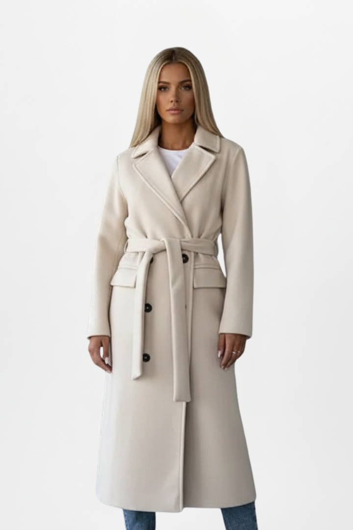 Women's long belted double-breasted coat with lapel collar