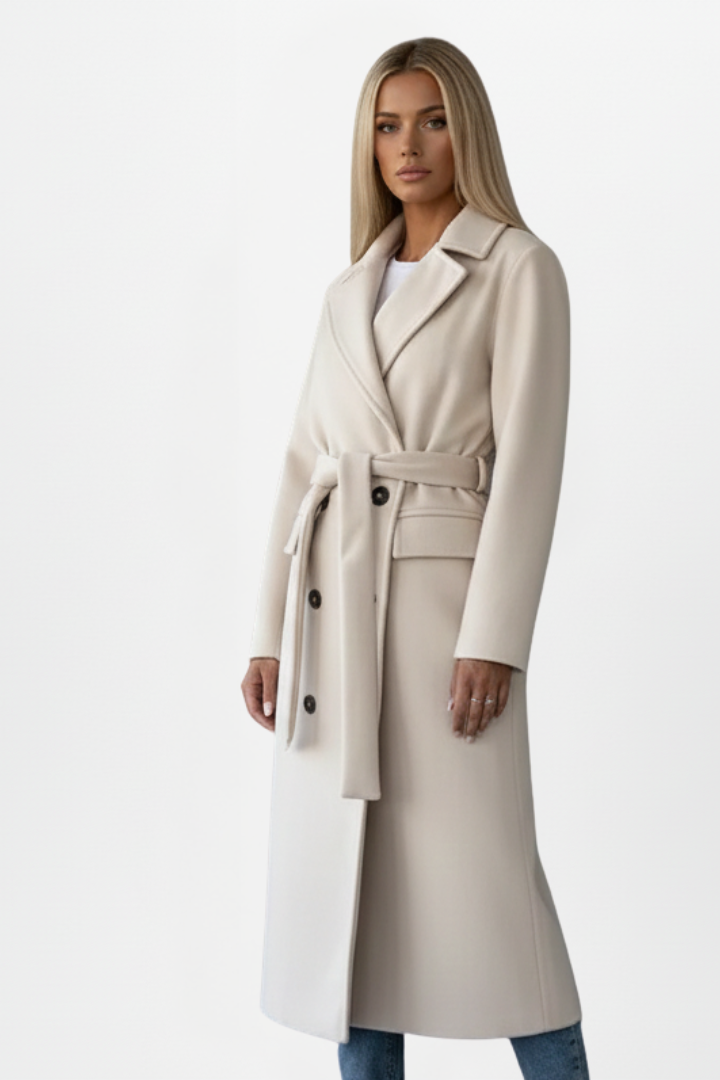Women's long belted double-breasted coat with lapel collar