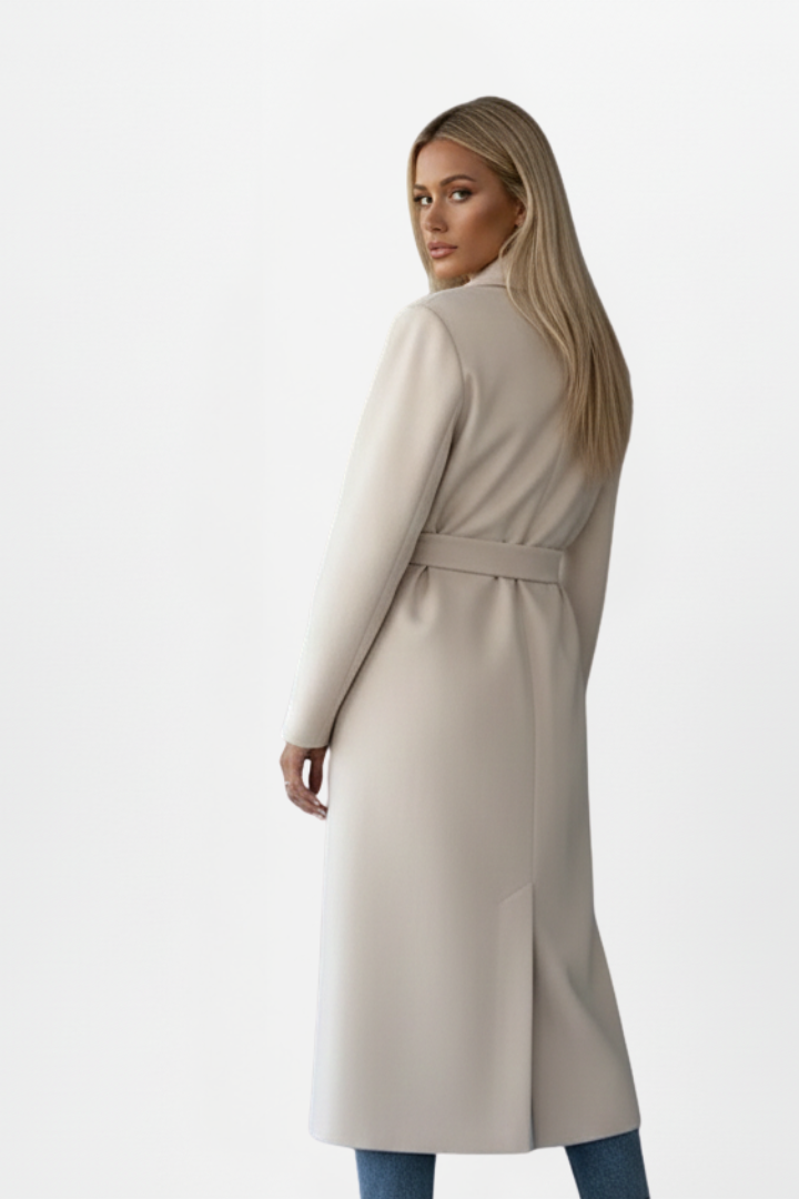 Women's long belted double-breasted coat with lapel collar
