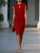 Sleeveless Midi Dress with Ruched Waist, Keyhole Neckline
