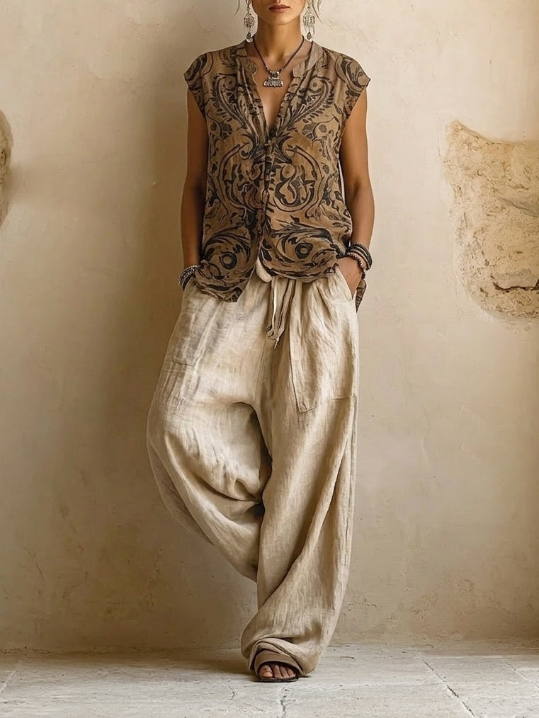 Women's three-piece set with grey-brown button shirt, patterned wrap top, and cream wide-leg trousers
