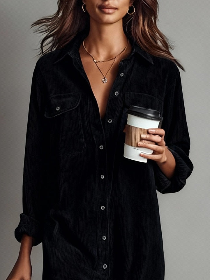 Women's corduroy shirt midi dress with collar and chest pockets