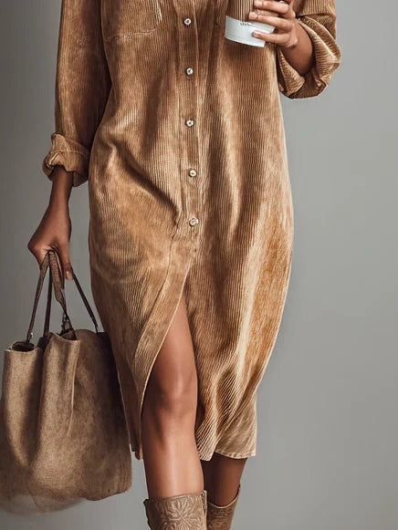 Women's corduroy shirt midi dress with collar and chest pockets