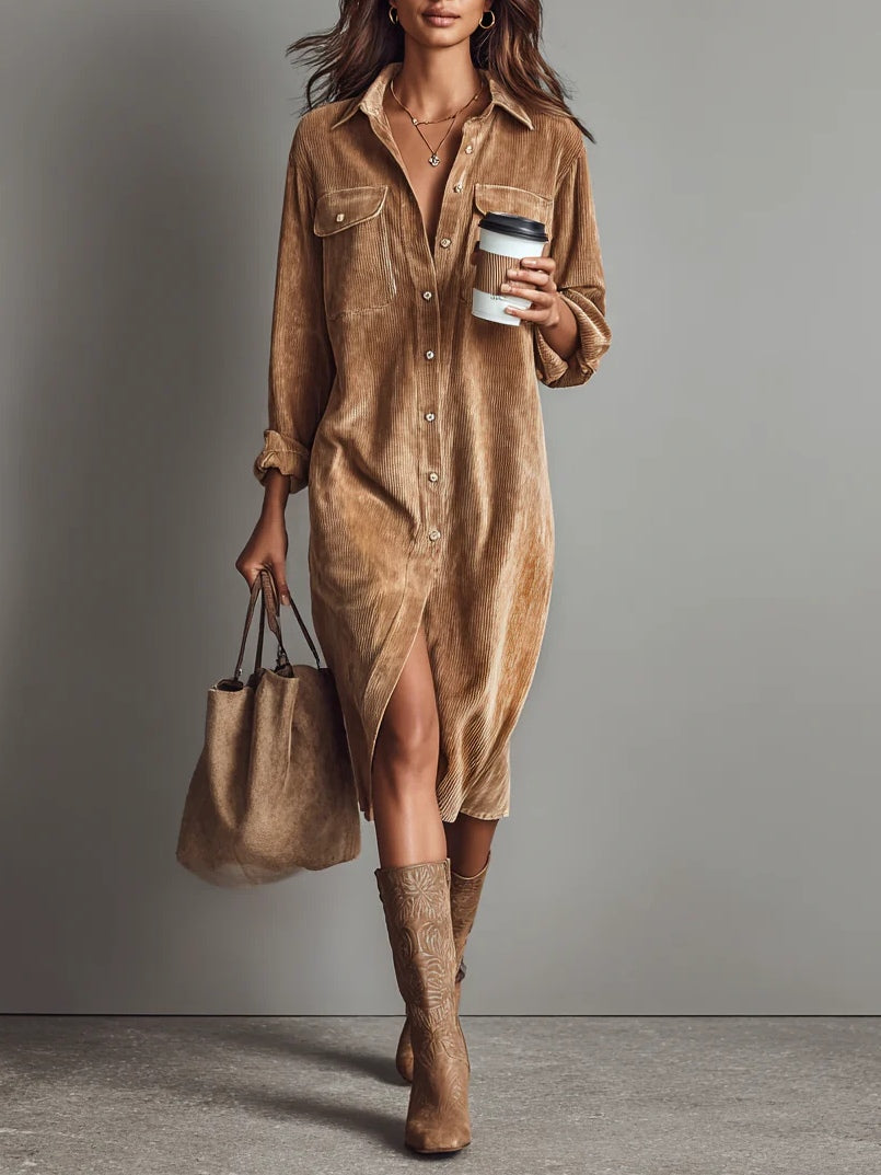 Women's corduroy shirt midi dress with collar and chest pockets
