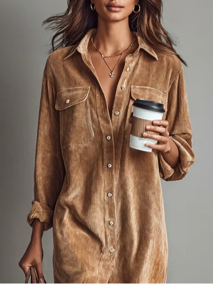 Women's corduroy shirt midi dress with collar and chest pockets