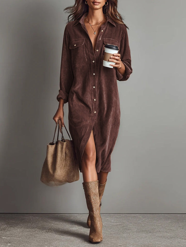 Women's corduroy shirt midi dress with collar and chest pockets