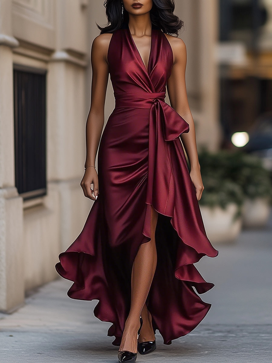Woman wearing a halterneck maxi dress with a tie waist, high split and cascading ruffle hem
