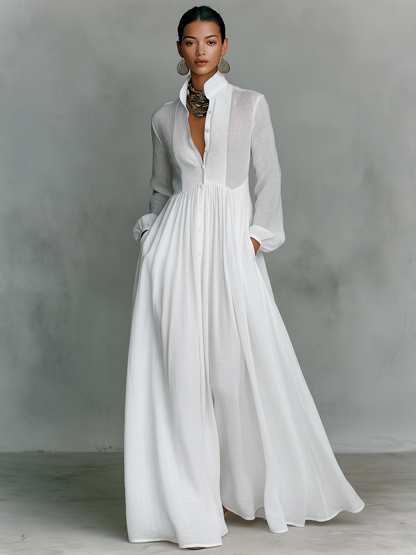 Pintucked Bib Front Maxi Shirt Dress for Women