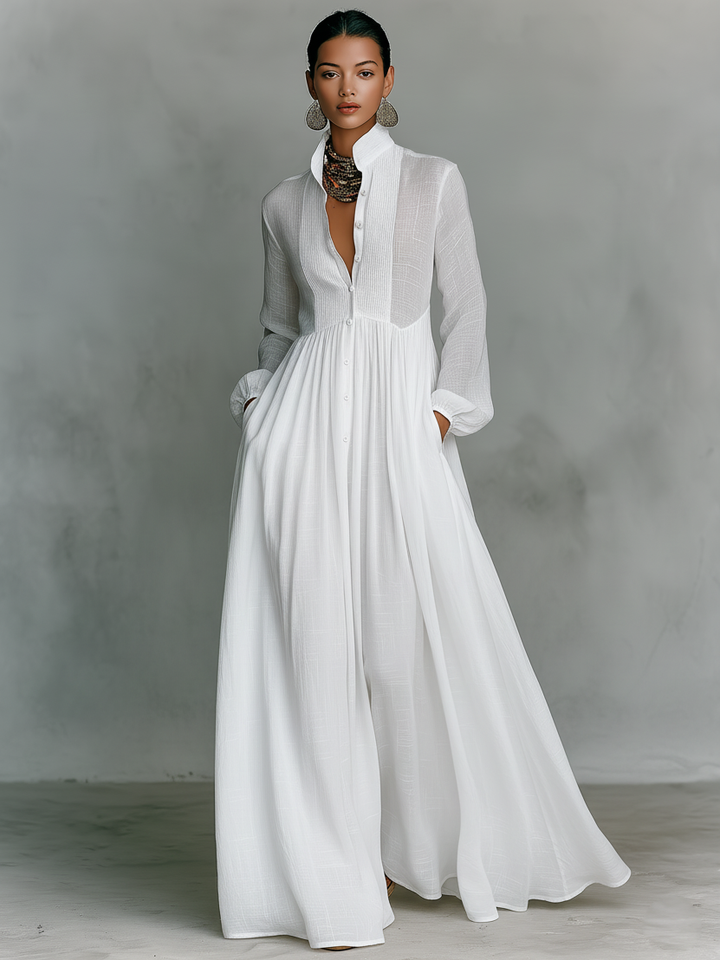 Pintucked Bib Front Maxi Shirt Dress for Women