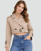 Women's cropped belted trench coat with lapels and long sleeves
