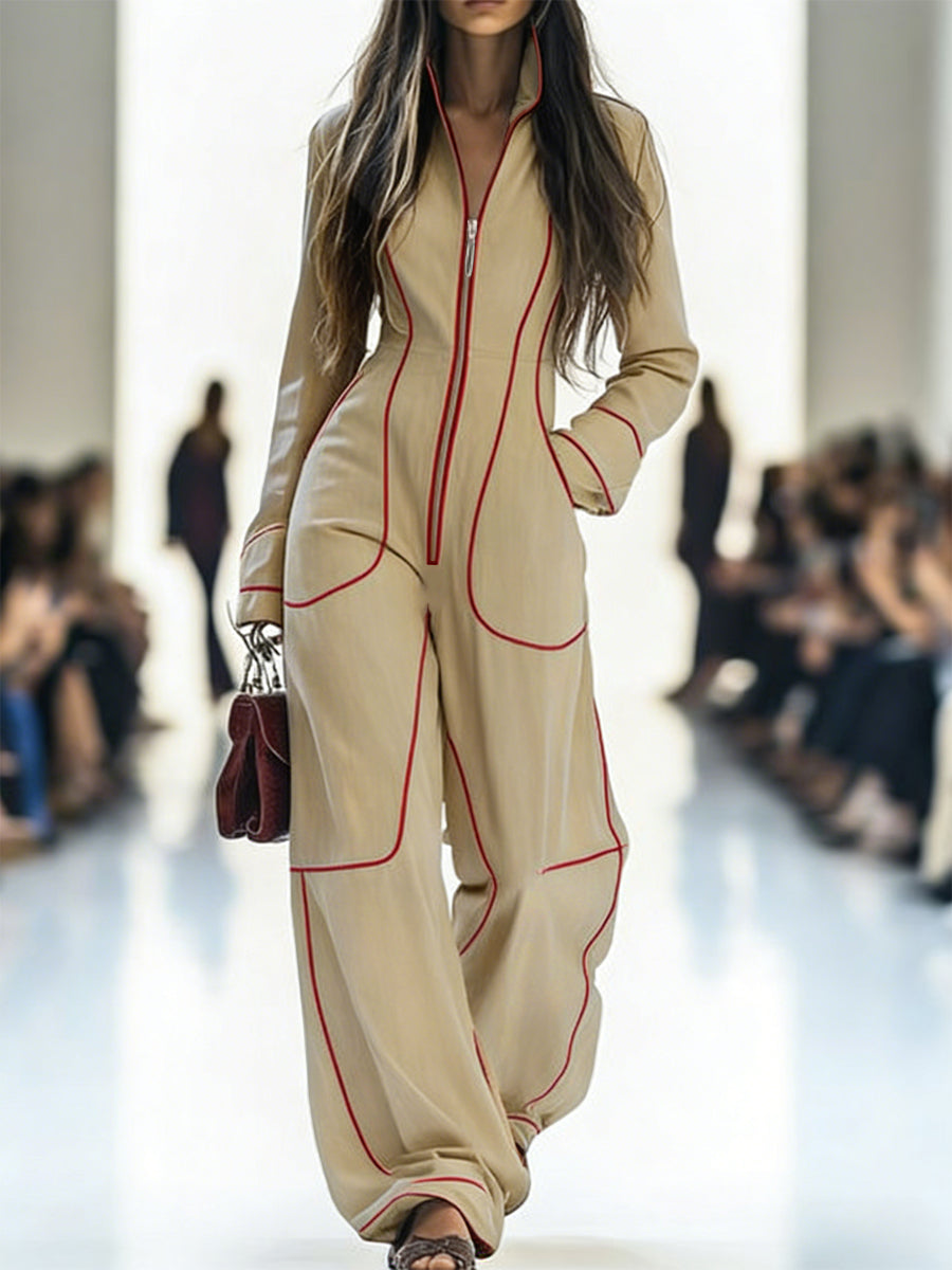 Women's wide-leg jumpsuit with stand collar and front zip, shown in burgundy and pink