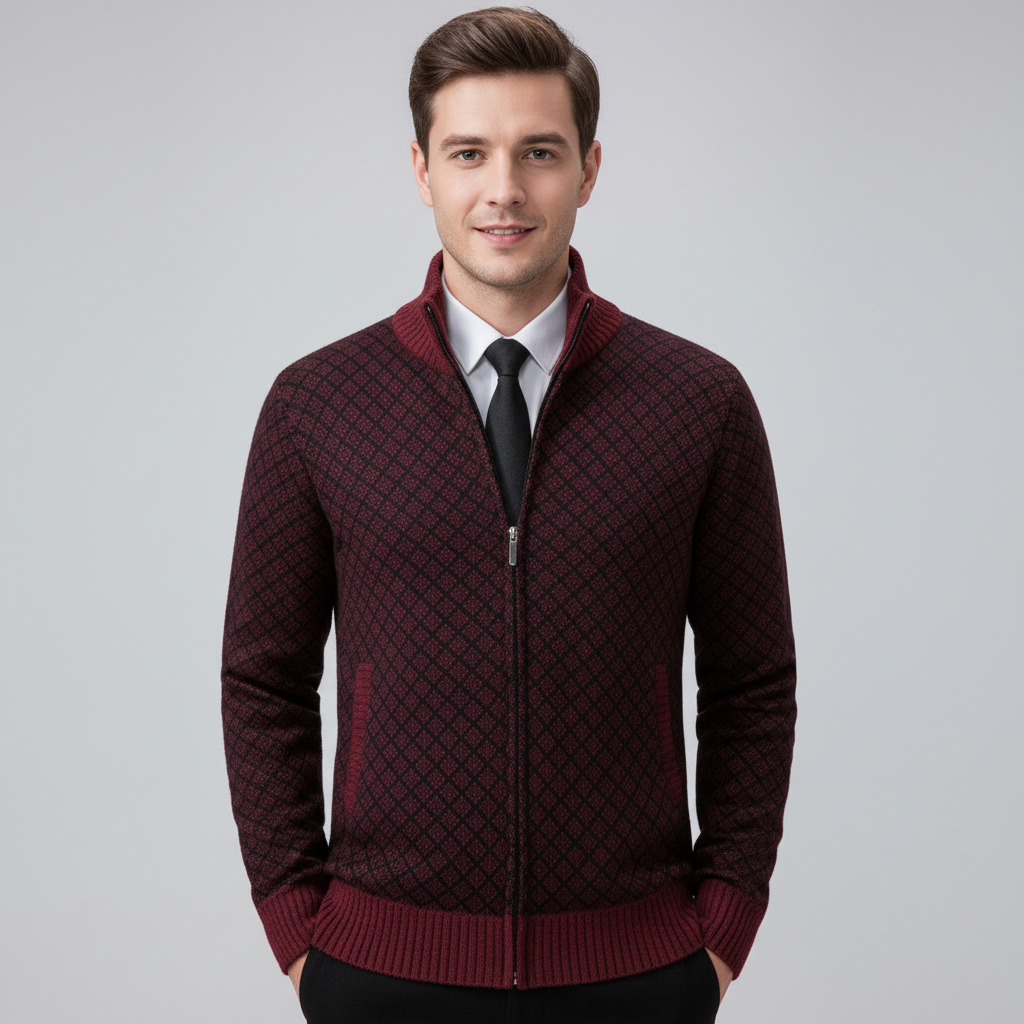 Men's geometric patterned zip cardigan sweater with mock collar