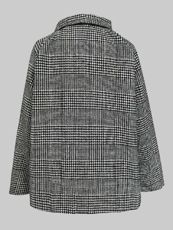 Houndstooth plaid jacket with stand collar and asymmetric button front