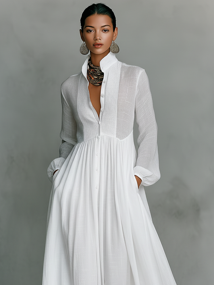 Pintucked Bib Front Maxi Shirt Dress for Women