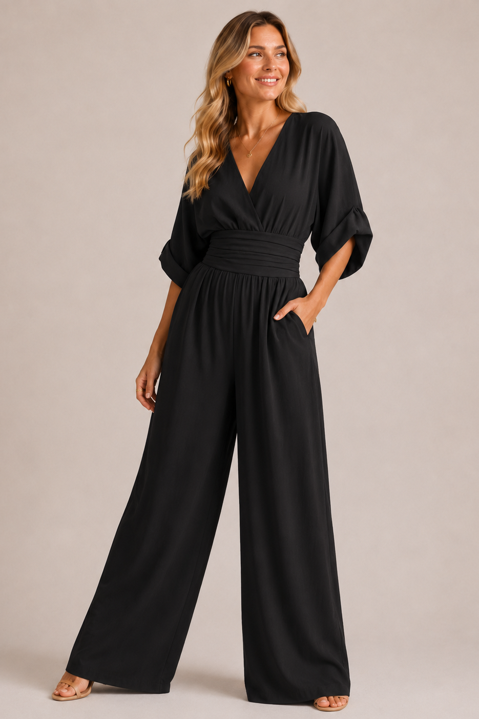 Women's wide-leg jumpsuit with V-neckline, ruched waist, and half sleeves