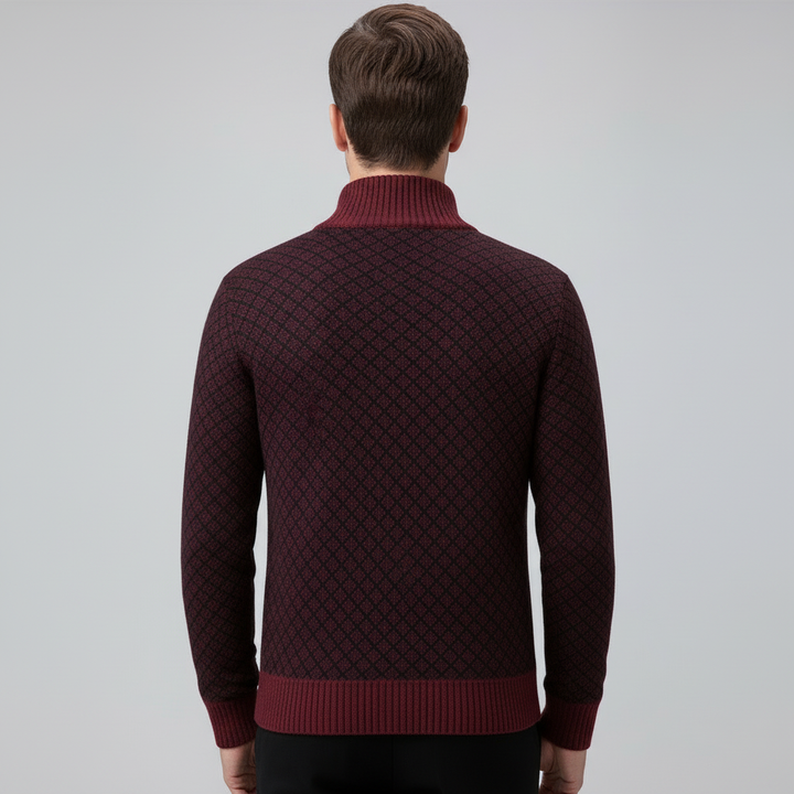 Men's geometric patterned zip cardigan sweater with mock collar