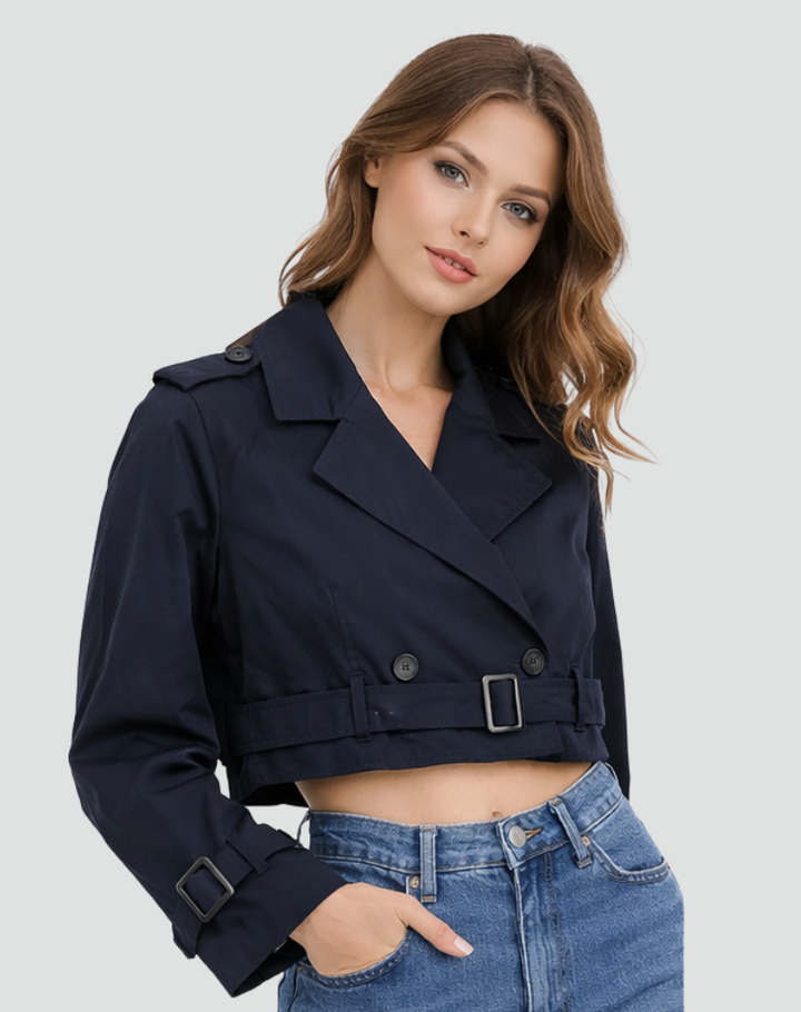 Women's cropped belted trench coat with lapels and long sleeves