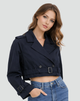 Women's cropped belted trench coat with lapels and long sleeves