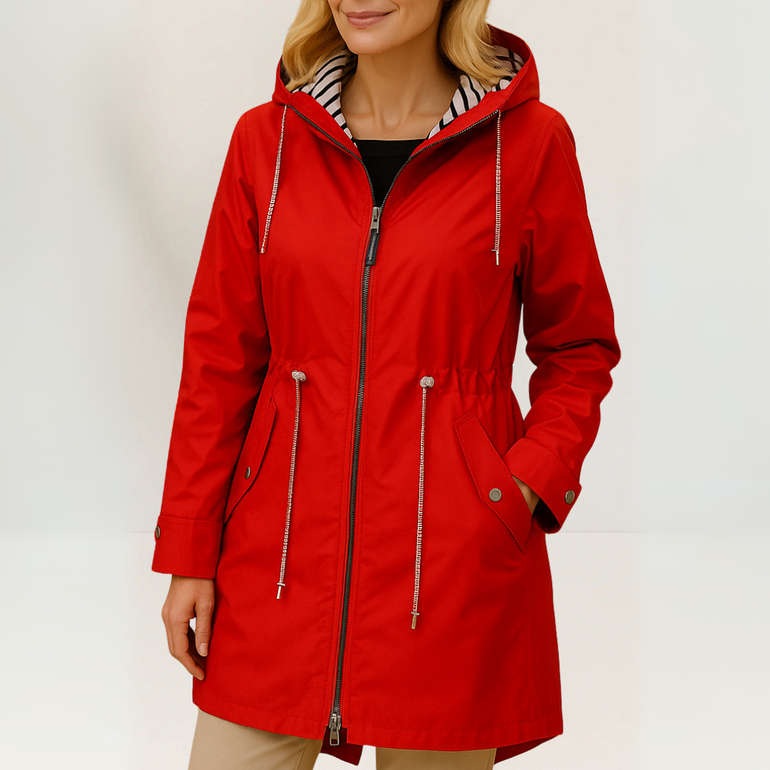 Women's hooded parka jacket with zip front, drawstrings and waist pockets