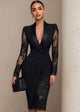 Women's black blazer-style midi dress with floral lace sleeves and shawl collar